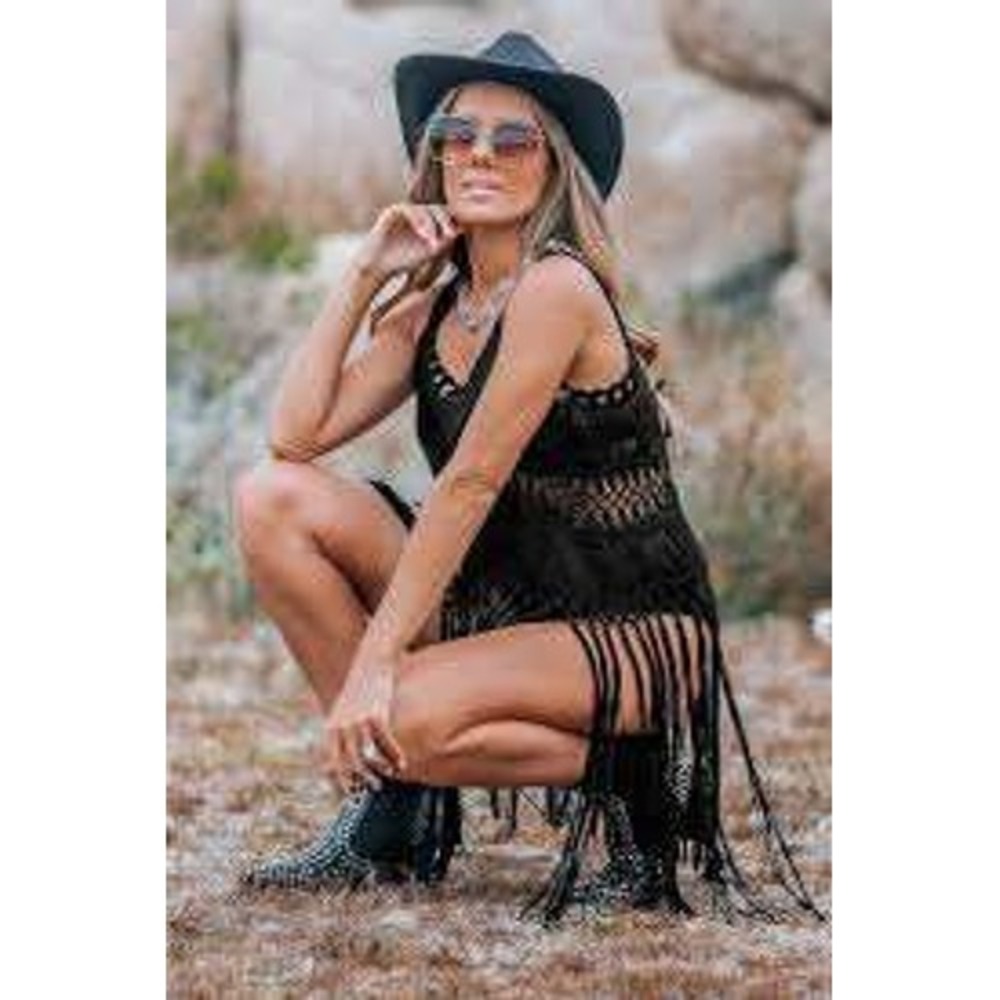 Cupshe NEW Black Macrame Fringe Crochet Swim Cover Up MEDIUM Boho Festival Indie